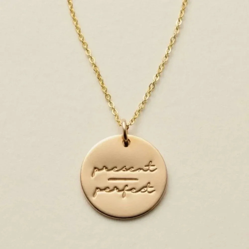 Present/Perfect Gold Disc Mantra Charm Necklace - Picture 2 of 10